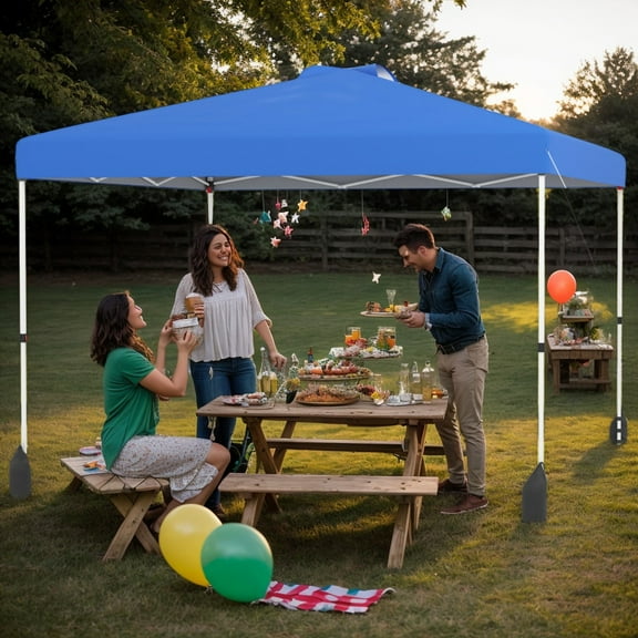 GVN Backyard Garden Canopy, Camping Canopy Screen Tent,10 X 10 FT Pop up Canopy Tent with 1 Sidewall and Wheeled Bag-Blue
