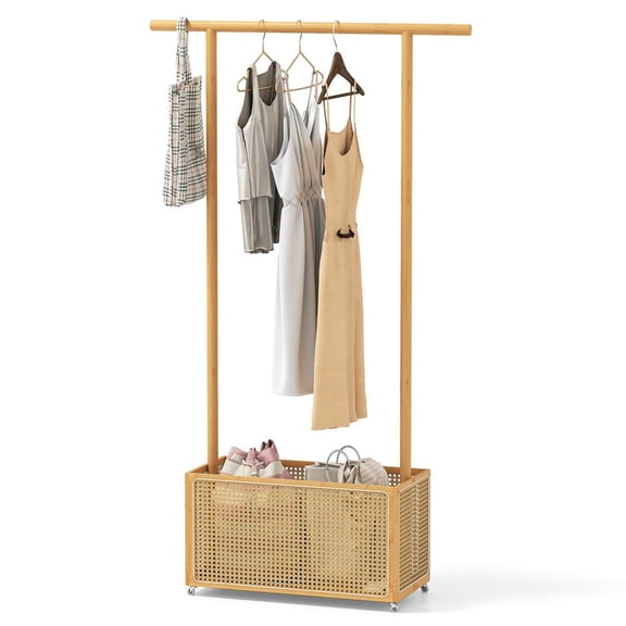 GVN Bamboo Coat Rack Stand with Rattan Storage Basket and Wheels, Hall Coat Trees for Bedroom, Living Room, Home Office, Natural