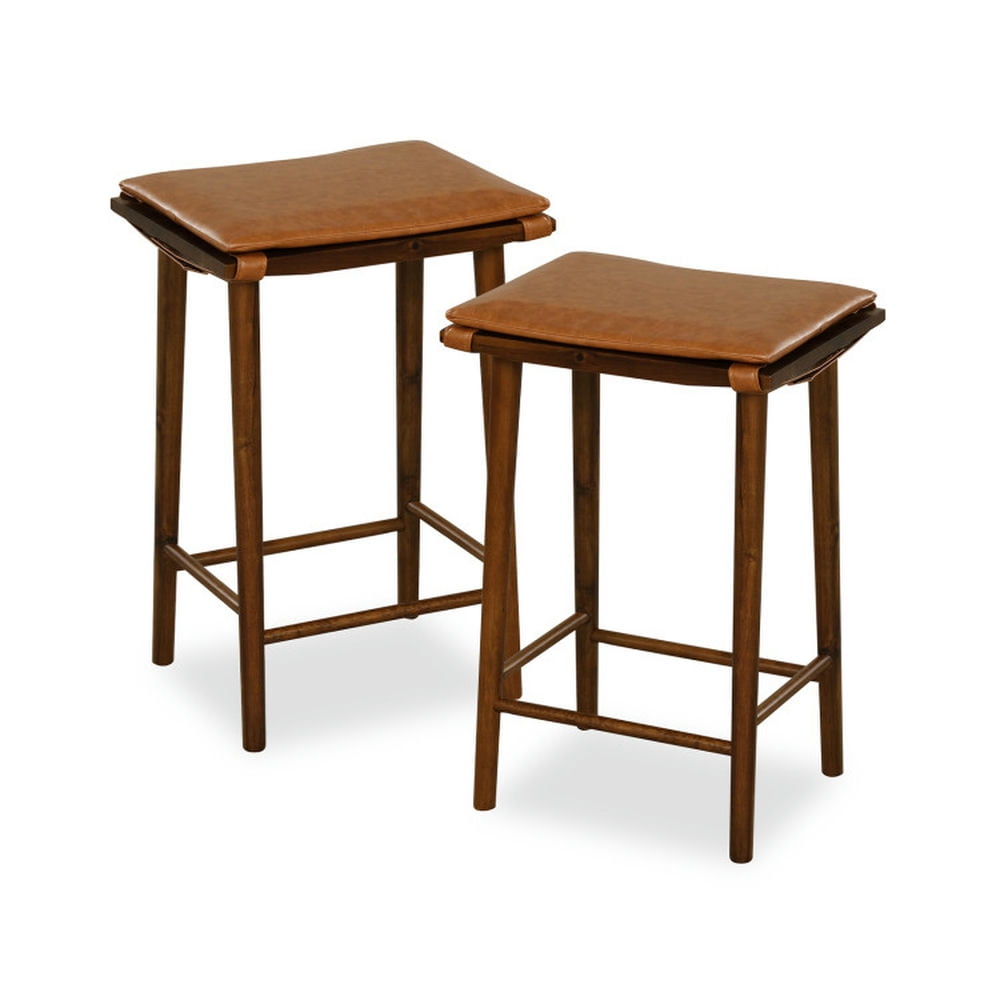 Rustic Brown Wood Barstools with Leather Cushions, Set of 2