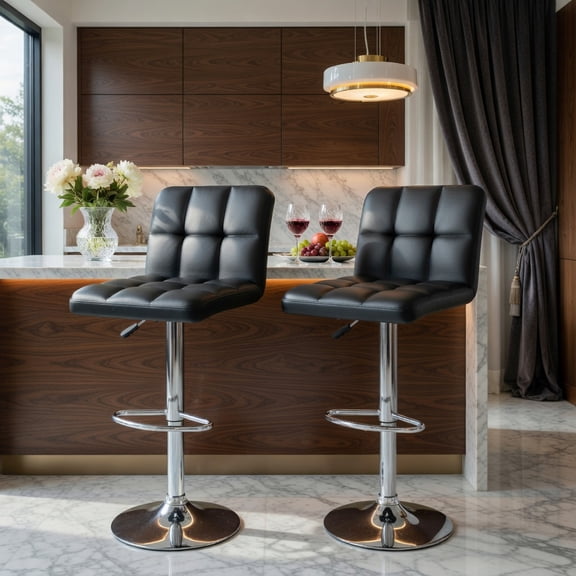 GVN Bar Stools,Set of 2 Square Swivel Adjustable PU Leather Bar Stools with Back and Footrest-Black