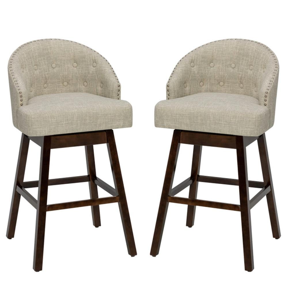 Beige Swivel Bar Stools with Rubber Wood Legs and Tufted Back, Set of 2