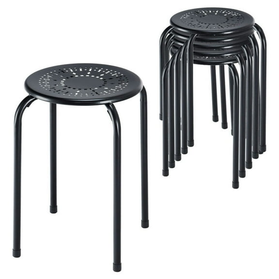 GVN Bar Stools,Set of 6 Stackable Multifunctional Daisy Design Backless Round Metal Stool Set-Black