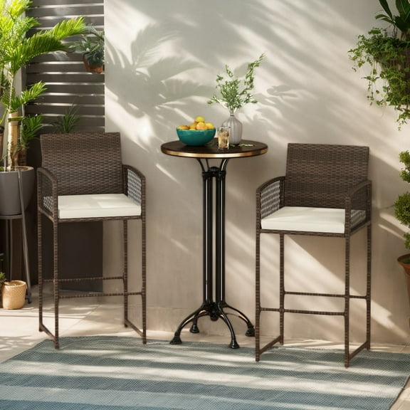 GVN Barstools, Countertop Bar Chairs,Bar Stools,Outdoor PE Wicker Bar Stools Set of 2 Patio Bar Height Chairs with Cushions-White