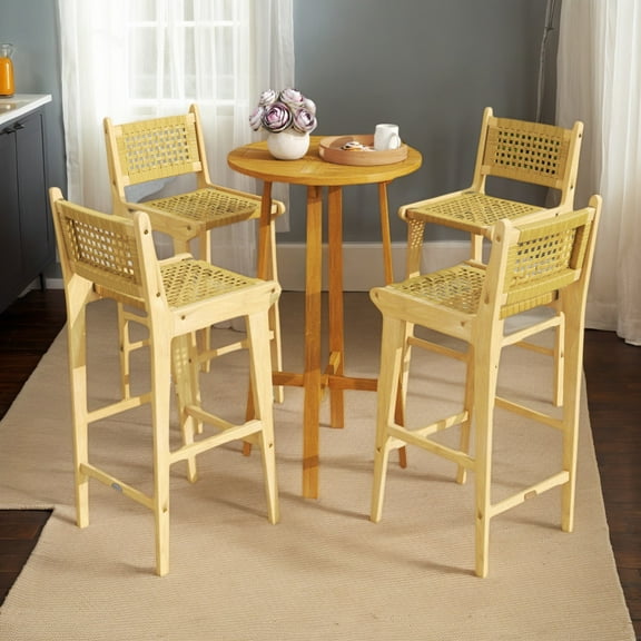 GVN Barstools, Countertop Bar Chairs,Bar Stools,Patio Teak Wood Bar Stool with Rattan Backrest and Seat