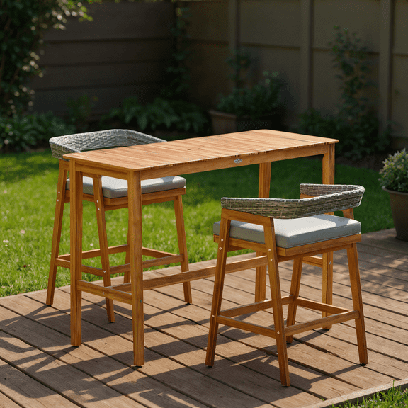 GVN Barstools, Countertop Bar Chairs,Bar Stools,Set of 2 Patio Acacia Wood Counter Height Bar Stools with Cushions and PE Wicker Backrests Footrests-Gray