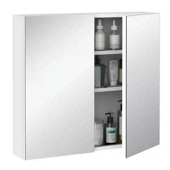GVN Bathroom Mirrored Cabinet, 24"x22" Steel Frame Medicine Cabinet, Wall-Mounted Storage Organizer with Double Doors, White