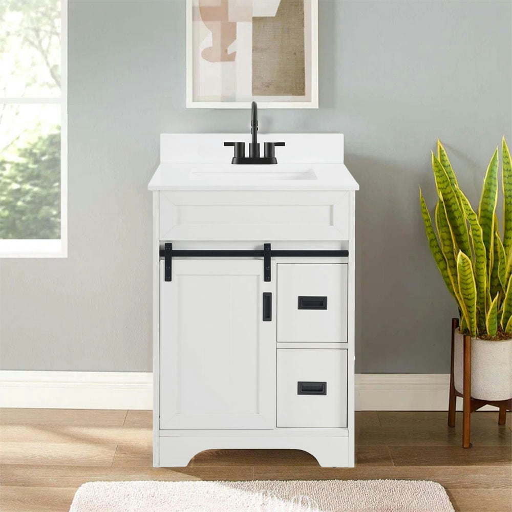 GVN Bathroom Storage Cabinet, Bathroom Floor Cabinet,24" Bathroom Vanity with Single Sink Combo,Bathroom Sink Cabinet with Sliding Barn Doors and 2 Drawers,White