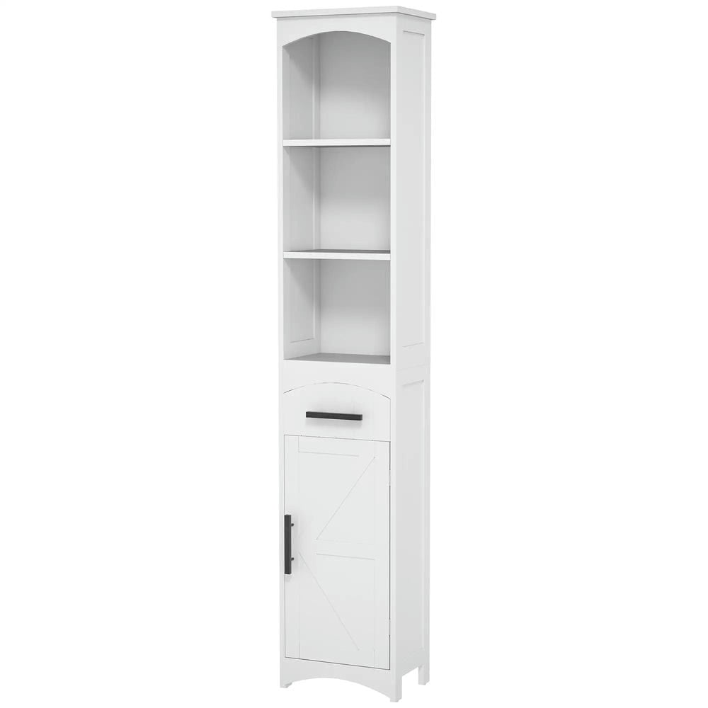 GVN Bathroom Storage Cabinet, Bathroom Floor Cabinet, Bathroom Storage Cabinet with Recessed Drawer and Barn Door, White