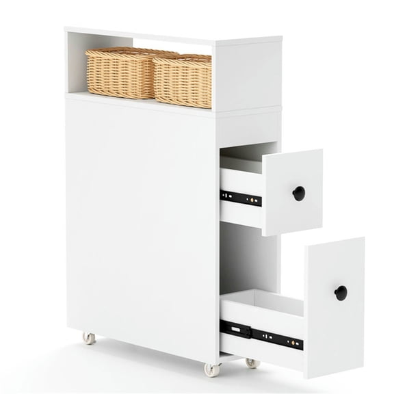 GVN Bathroom Storage Cabinet, Bathroom Floor Cabinet,Slim White Bathroom Storage Cabinet with 2 Drawers, Open Shelf & Wicker Baskets