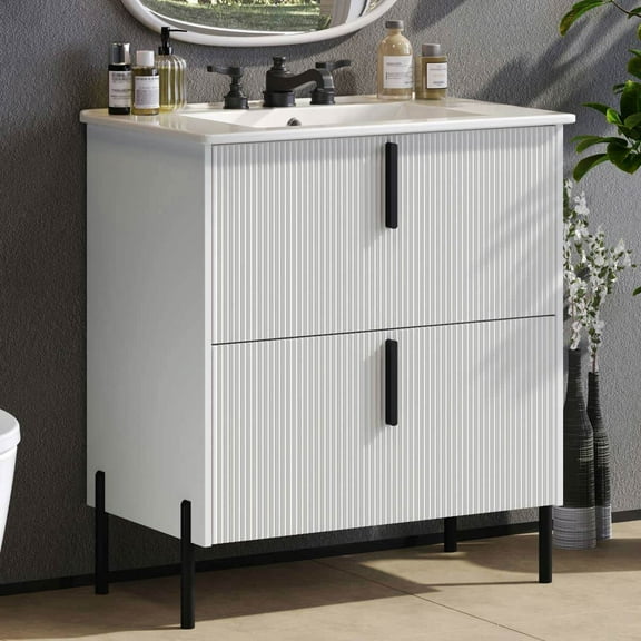 GVN Bathroom Storage Vanity,Bathroom Floor Cabinet,30" Bathroom Vanity with Ceramic Sink and Full-Extension Drawers, Fluted Design, White