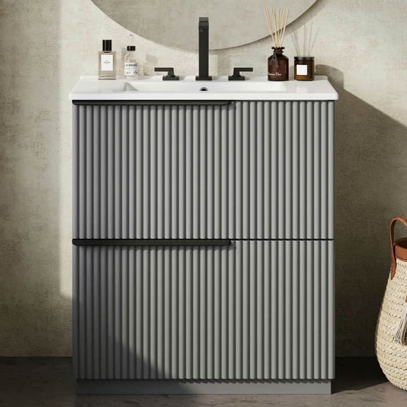 GVN Bathroom Storage Vanity,Bathroom Floor Cabinet,30" Bathroom Vanity with Ceramic Sink and Full-Extension Drawers, Gray