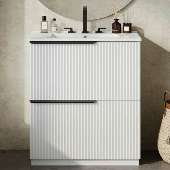 GVN Bathroom Storage Vanity,Bathroom Floor Cabinet,30" Bathroom Vanity with Ceramic Sink and Full-Extension Drawers, White