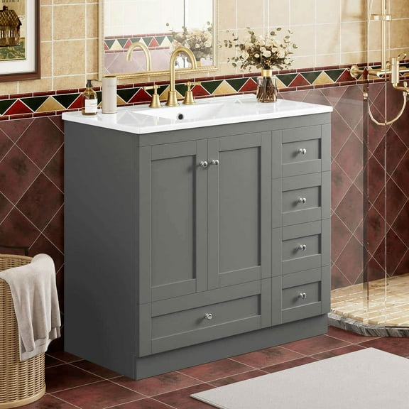 GVN Bathroom Storage Vanity,Bathroom Floor Cabinet,36" Bathroom Vanity Cabinet with Ceramic Sink, 4 Soft-close Drawers and 2 Soft-close Doors, Gray