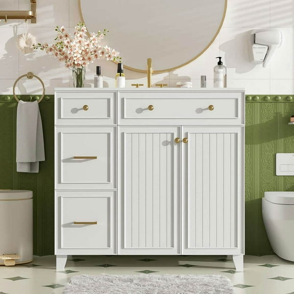 GVN Bathroom Storage Vanity,Bathroom Floor Cabinet,36" Bathroom Vanity with Ceramic Sink, Standard and Double-Layer Drawers, Soft Close Doors, White
