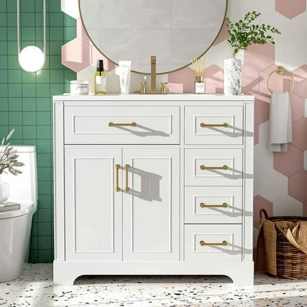 GVN Bathroom Storage Vanity,Bathroom Floor Cabinet,36" Luxury Elegant Bathroom Vanity with Ceramic Sink, Soft Closing Doors, 4 Drawers, White