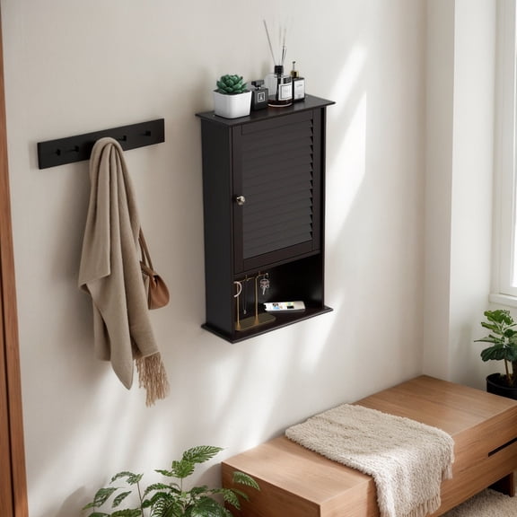 GVN Bathroom Wall Mount Storage Cabinet Single Door with Height Adjustable Shelf-Rustic Brown, Bathroom Shelves Over Toilet for Bathroom Laundry Room Kitchen