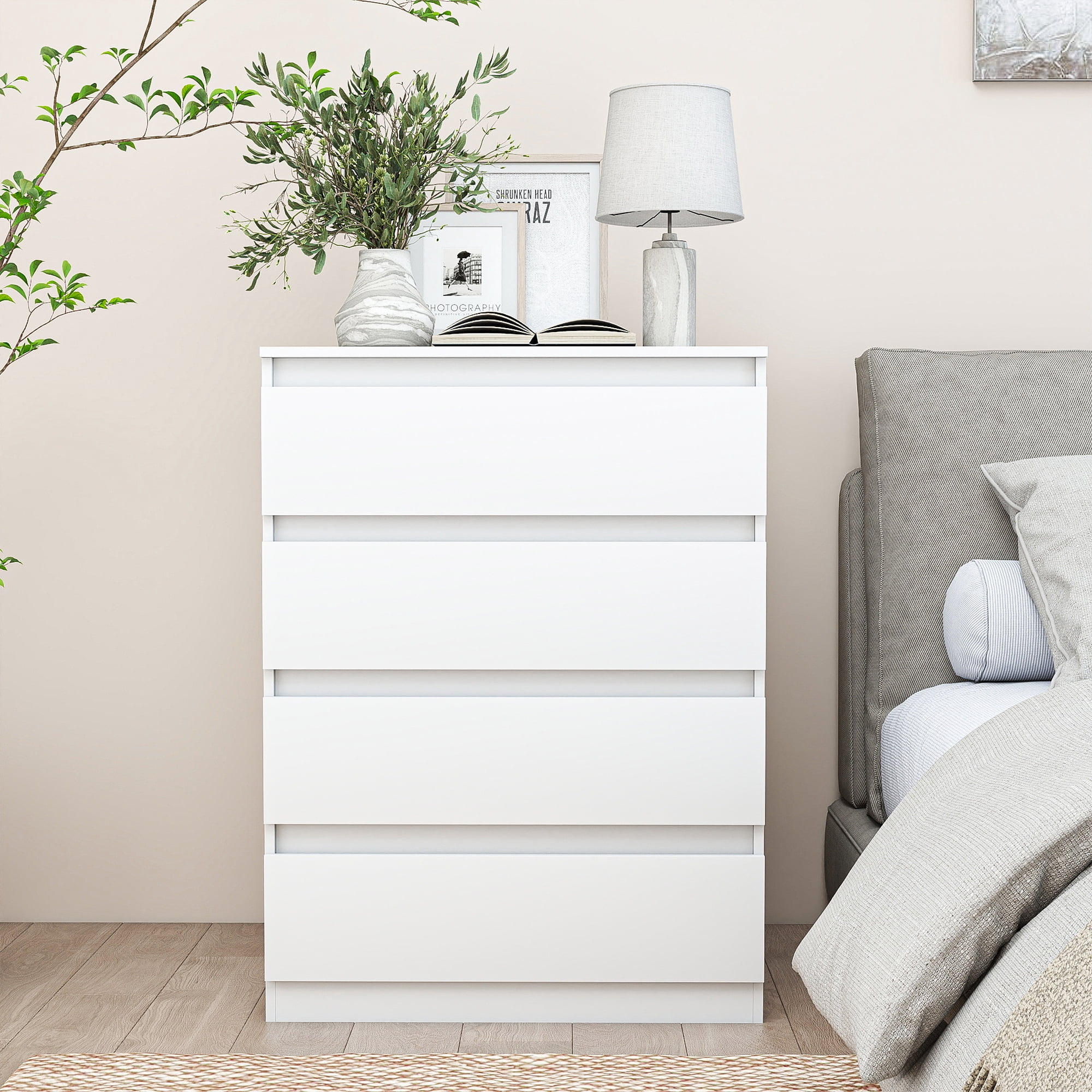 GVN Bedroom Dresser, Chest of Drawers, Modern Simple 4-Drawer Dresser for Bedroom, Living Room, White