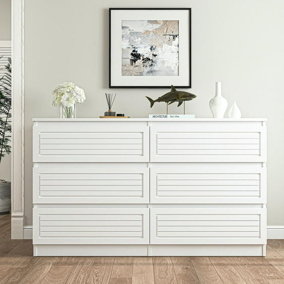GVN Bedroom Dresser, Chest of Drawers,White 6 Drawer Dresser for Bedroom, Wide Modern Chest of Drawers No Handles for Living Room, Hallway, Entryway