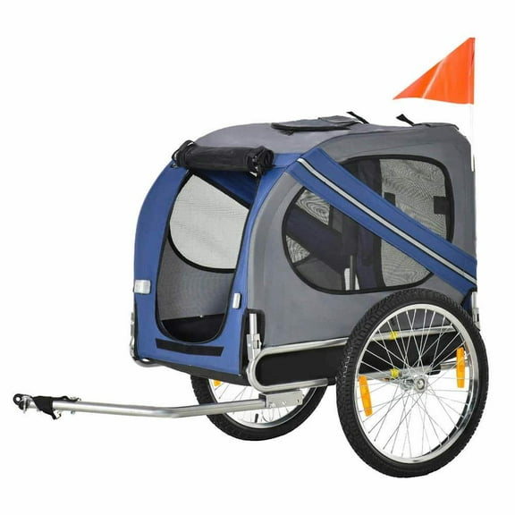 GVN Bike Trailer Cargo Cart for Dogs and Pets with 3 Entrances Large Wheels for Off-Road & Mesh Screen, Blue/Grey