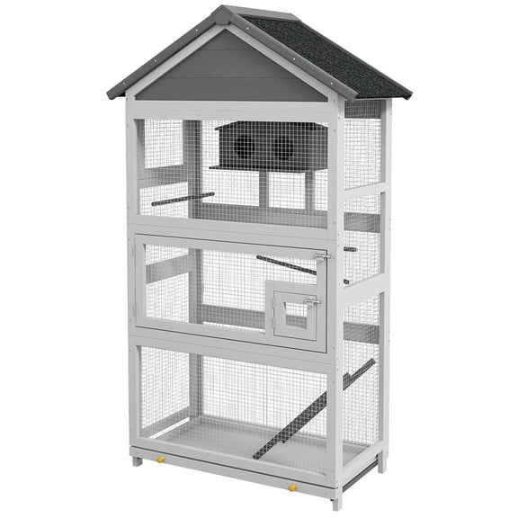 GVN Bird Cage, Small Bird Habitat,Wooden Bird Aviary with Slide-Out Tray, Birdhouse, Ladder, Perches, Gray