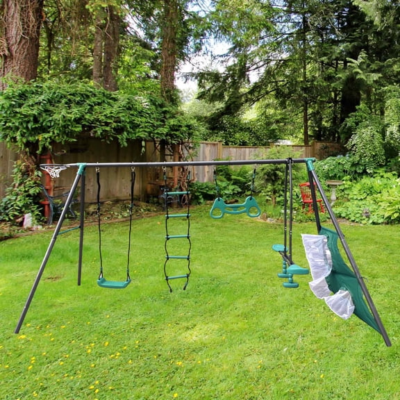 GVN Blackish Green Interesting Four Function Swingset With Face To Face Metal Plastic Safe Swing Seat 550Lbs For Outdoor Playground For Age 3+
