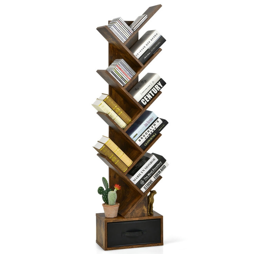 Costway 10-tier Tree Bookshelf with Drawer Free-standing Storage Bookcase Rustic Brown