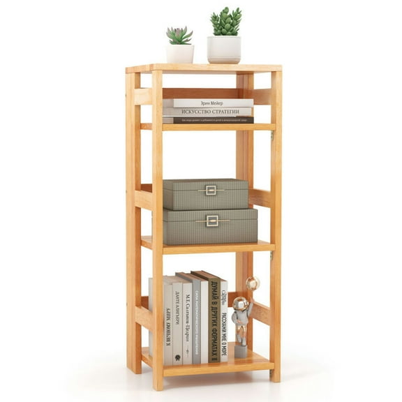 GVN Bookcases,4-Tier Bookshelf Rubber Wood Bookcase with Side Fences for Living Room-14 inches
