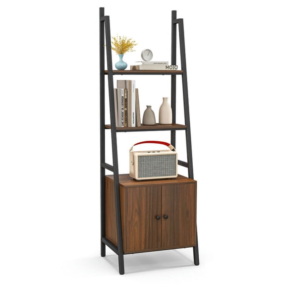 GVN Bookcases,4-Tier Ladder Shelf with Cabinet and Metal Frame-Rustic Brown
