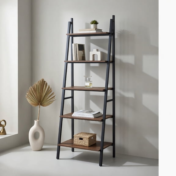 GVN Bookcases,5 Tier Leaning Bookshelf Wood Metal Bookcase