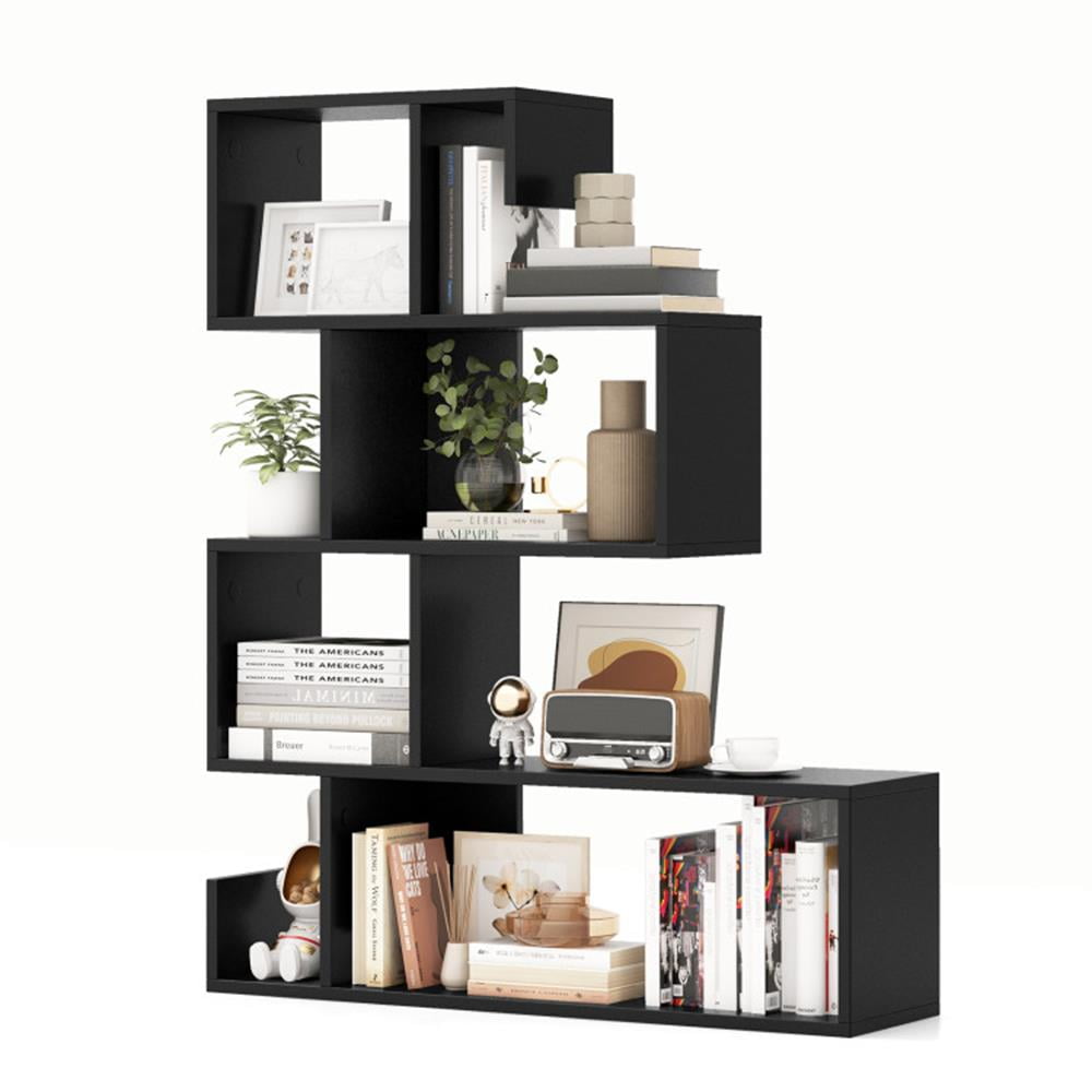 GVN Bookcases,5-Tier S-Shaped Bookshelf Geometric Z-Shelf Bookcase with Open Cubes-Black