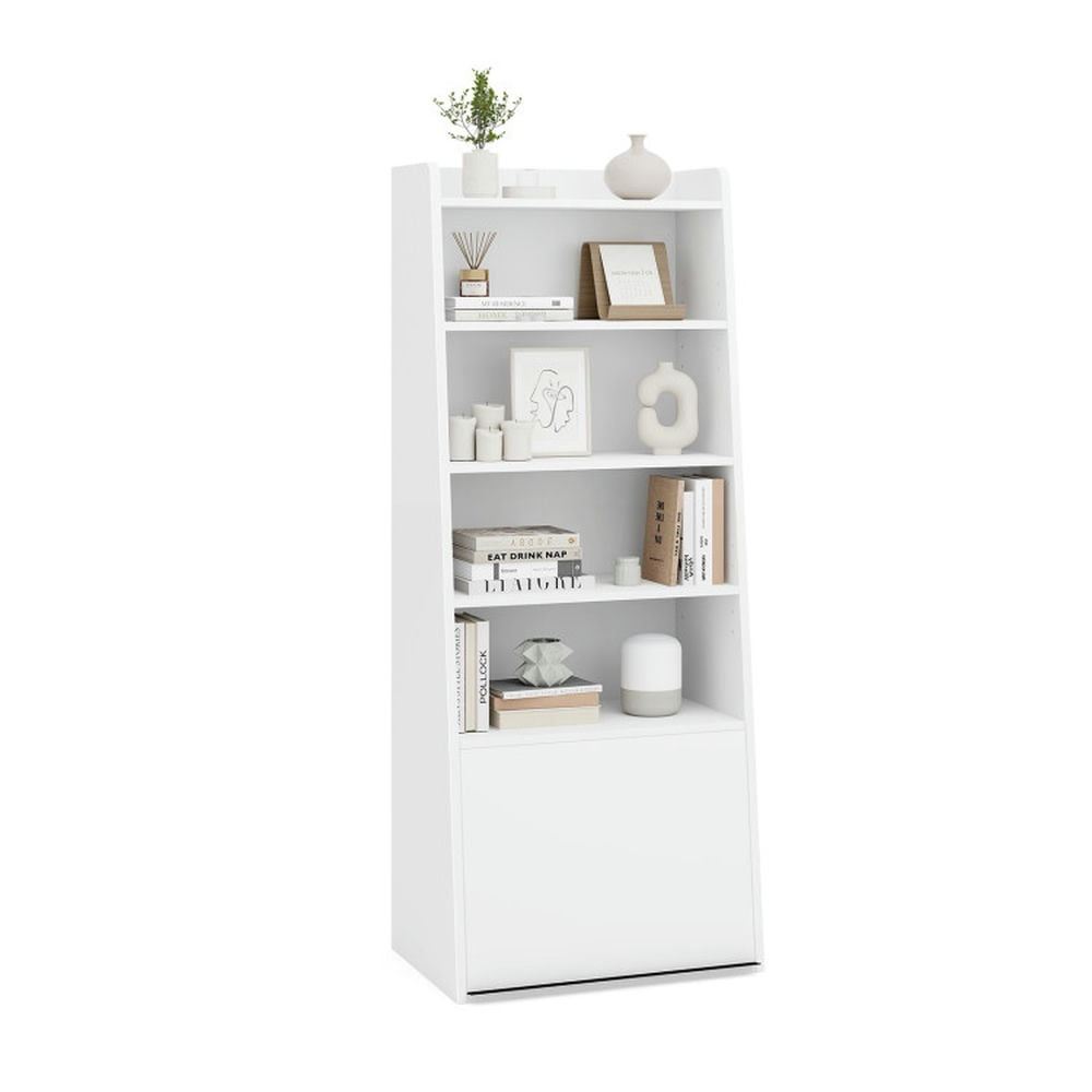 White Tall Ladder Bookcase with Adjustable Shelves and Flip-Up Door