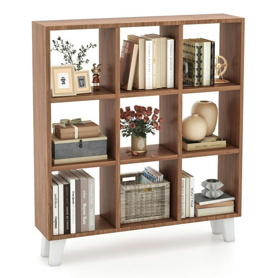 GVN Bookcases,9-Cube Bookcase with 6 Removable Shelves and Raised Support Feet-Brown