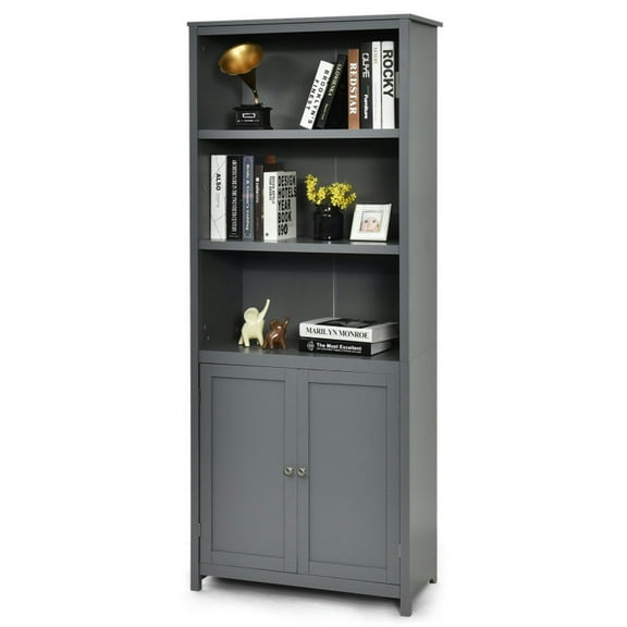 GVN Bookcases,Bookcase Shelving Storage Wooden Cabinet Unit Standing Display Bookcase with Doors-Gray