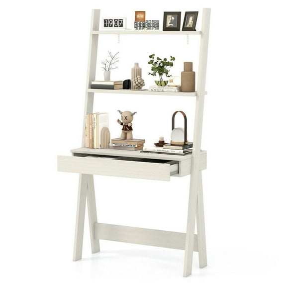 GVN Bookcases,Ladder Shelf Desk with Countertop Drawer and Anti-Toppling Device-Oak