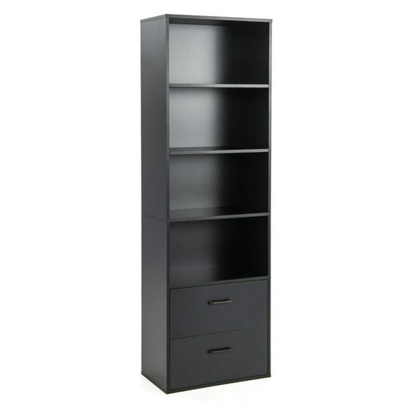 GVN 6-Tier Tall Freestanding Bookshelf with 4 Open Shelves and 2 Drawers-Black, Storage Shelves for Bedroom,Living Room, Home Office, Bedroom, Balcony