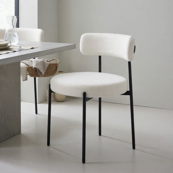 GVN Boucle Fabric Dining Chair Set of 2 with Curved Backrest, Metal Legs for Modern Kitchen, Dining Room, Restaurant Seating, White
