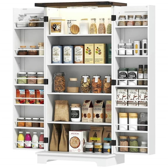GVN Buffet Sideboard Cabinet, Kitchen Pantry Cabinet, Coffee Bar Cabinet,47" Kitchen Cabinet with Sensing LED Light, Kitchen Pantry Cabinet with Doors, Adjustable Shelves, Door Shelves, White