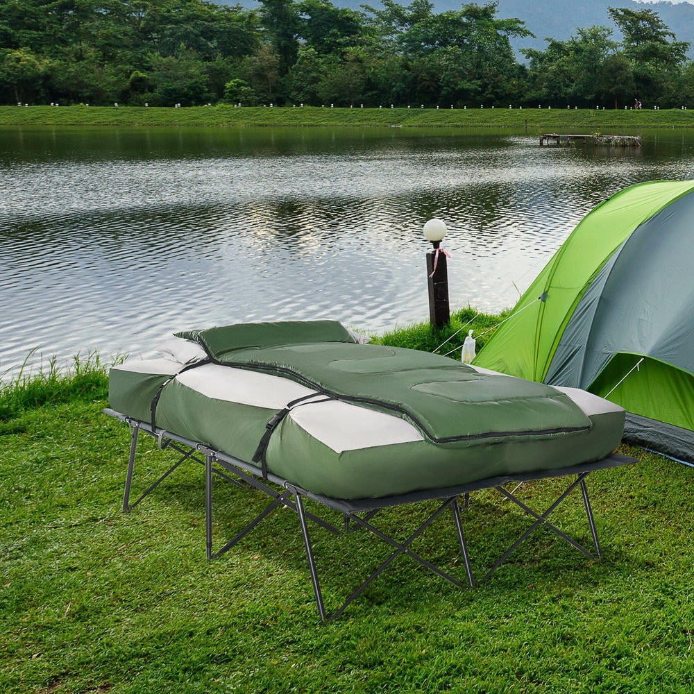 GVN Camping Cot with Sleeping Bag, Inflatable Air Mattress, Comfort Pillows and Carry Bag, Folding Bed for Outdoor, Travel Camp, Beach Vacation, Green
