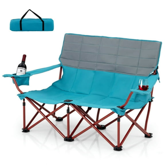 GVN Camping Seat Chair, Picnic Chair,Oversized Camping Chair Folding Loveseat Camping Couch with Cup Holders & Thick Padding-Blue