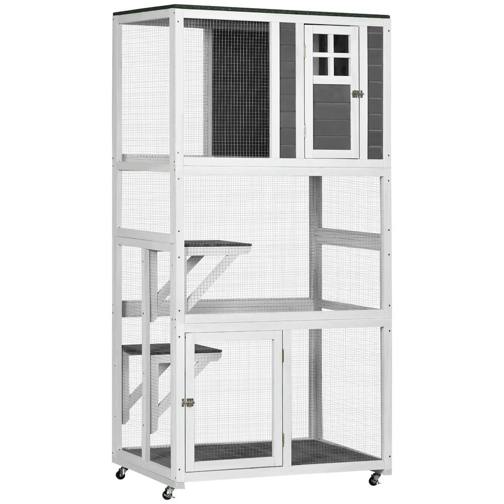 GVN Cat Catio Enclosure, Cat Cage House,74" Wooden Catio Outdoor Cat House Weatherproof & Wheeled, Dark Gray