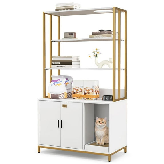 GVN Cat Catio Enclosure, Cat Cage House,Cat Litter Box Enclosure with Storage and 3-tier Shelves-White