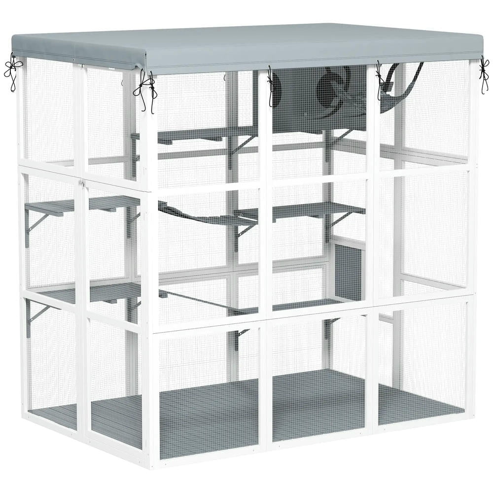 GVN Cat Catio Enclosure, Cat Cage House,Large Outdoor Catio Cat Enclosure with Hammock, Condo, Jump Platforms, Ladders, Ramps, Tarp, Gray