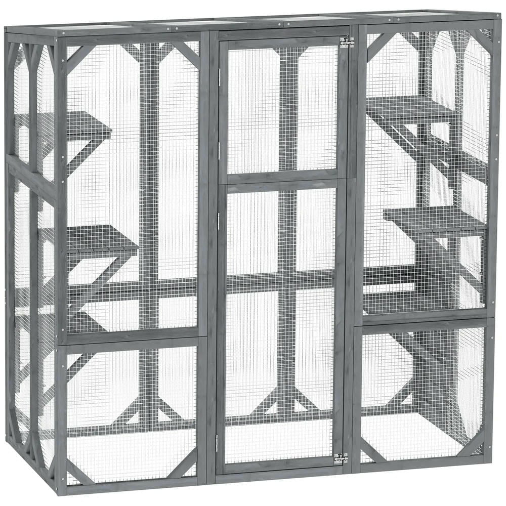 GVN Cat Catio Enclosure, Cat Cage House,Large Wooden Catio Outdoor with 6 Jumping Platforms, for 1-3 Cats, Gray