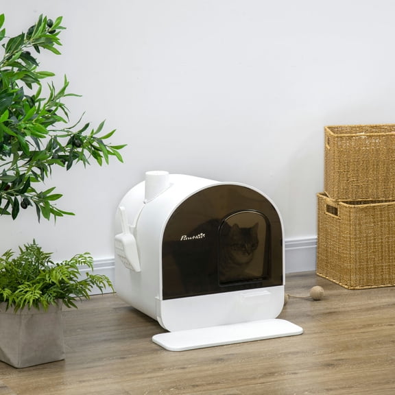 GVN Cat Litter Box, Cat Litter Box with Lid with Scoop and Filter, White
