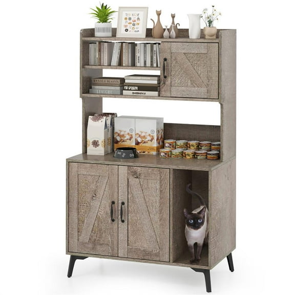 GVN Cat Litter Box,Cat Pan, Large Cat Litter Box Enclosure with Display Storage Shelves-Oak