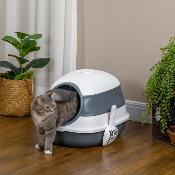 GVN Cat Litter Box, Dome Covered Cat Litter Box with Lid, White and Gray