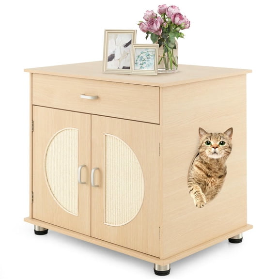GVN Cat Litter Box Enclosure, Cat Litter Box Enclosure with Sisal Scratching Doors and Storage-Natural