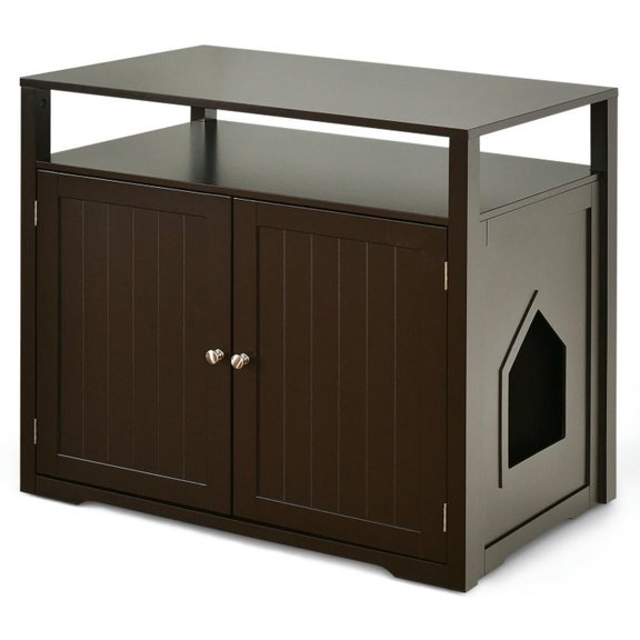 GVN Cat Litter Box Enclosure, Wooden Cat Litter Box Enclosure Hidden Cat Washroom with Storage Layer-Brown