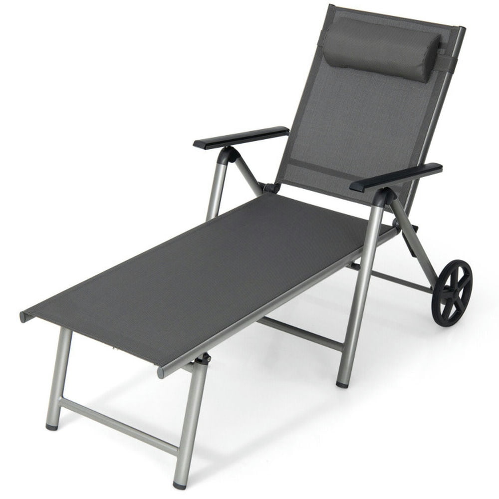 Gray Adjustable Aluminum Outdoor Chaise Lounge with Wheels