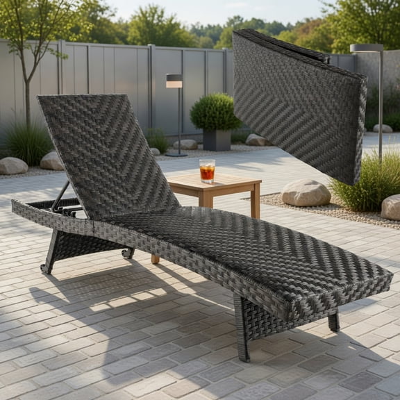 GVN Chaise Lounge Outdoor, Lounge Chair Outdoor,Folding Padded Rattan Patio Chaise Lounge with Adjustable Backrest and Quick Dry Foam All Weather